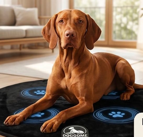 Vizsla liegt auf einer DOGDOME Magnetfeldmatte im Wohnzimmer